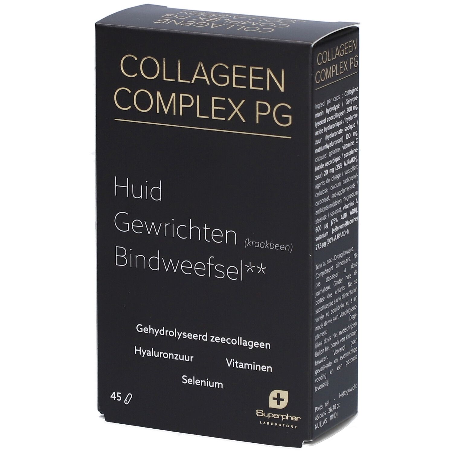 Boîte noire avec logo "COLLAGEEN COMPLEX PG". Texte: Huid, Gewrichten, Bindweefsel. Ingrédients: Gehydrolyseerd zeecollageen, Hyaluronzuur, Vitaminen, Selenium.