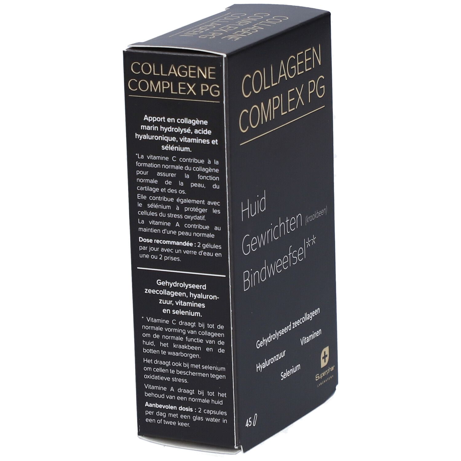 Boîte noire avec logo "COLLAGEEN COMPLEX PG". Texte: Huid, Gewrichten, Bindweefsel. Informations supplémentaires et recommandation de dosage.