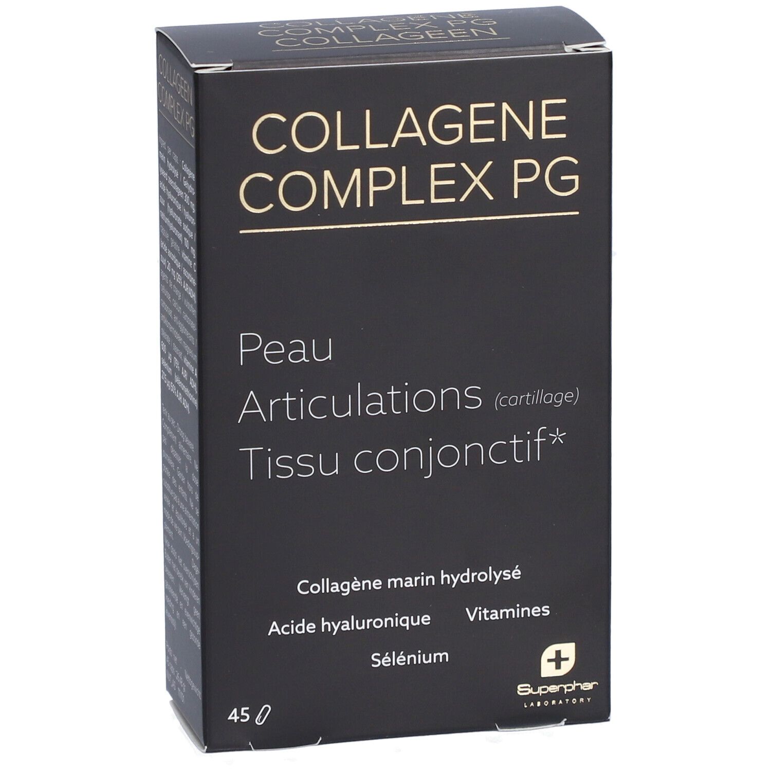 Boîte noire avec logo "COLLAGEEN COMPLEX PG". Texte: Peau, Articulations, Tissu conjonctif. Ingrédients: Collagène marin, Acide hyaluronique, Vitamines, Sélénium.