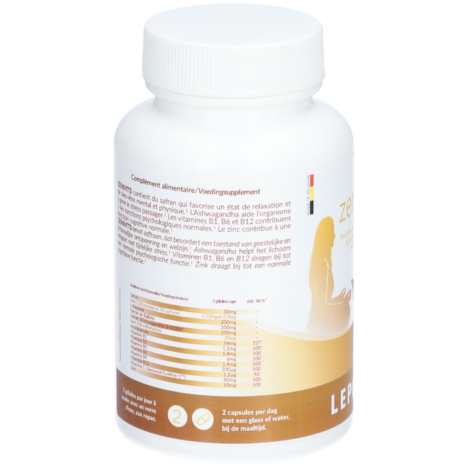 Dos de flacon blanc de gélules. Inscriptions: zeniVits, Lepivits. Contient vitamines B1, B6, B12 et zinc. Dosage: 2 gélules par jour.
