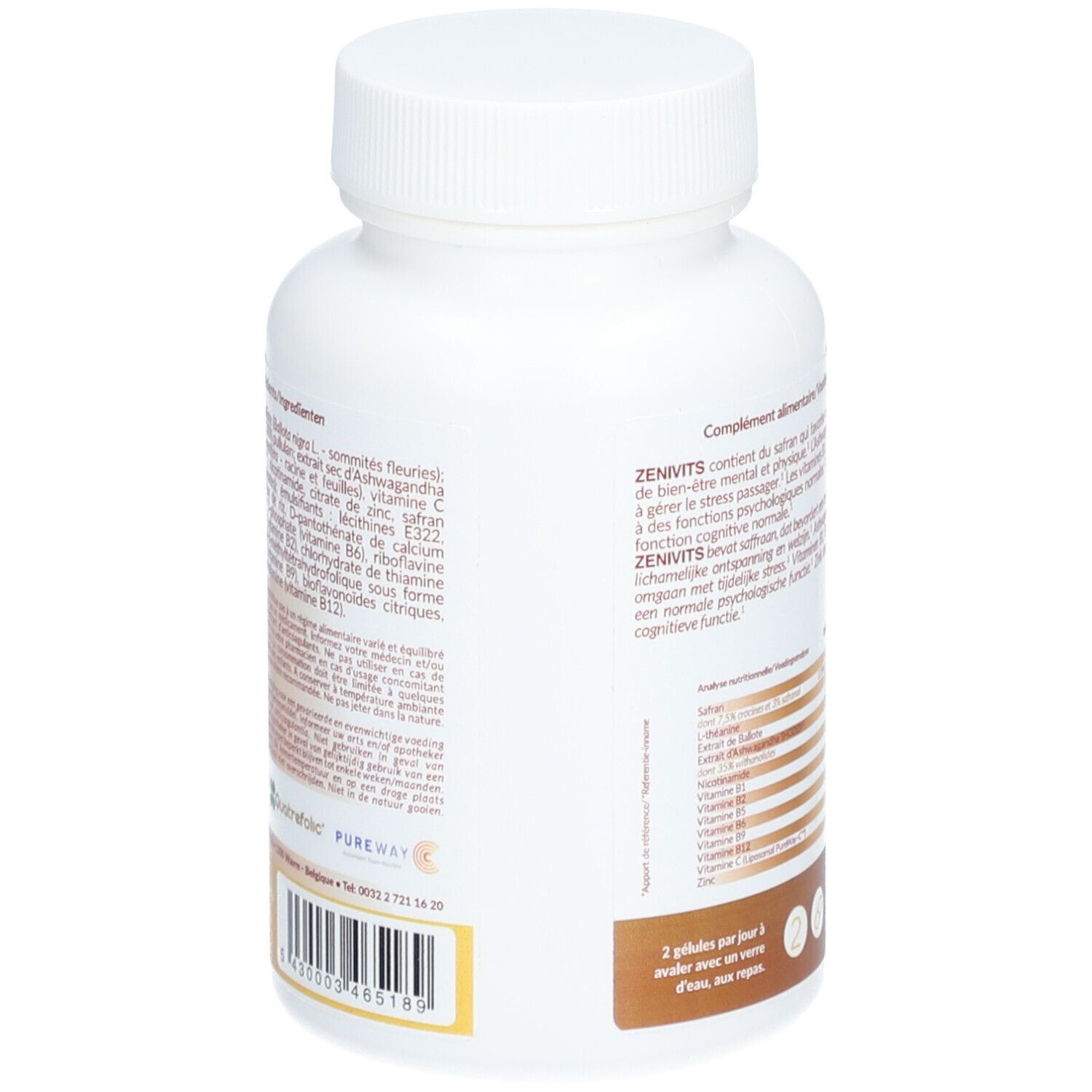 Dos de flacon blanc de gélules. Inscriptions: zeniVits, Lepivits. Liste des ingrédients et informations nutritionnelles. Dosage: 2 gélules par jour.