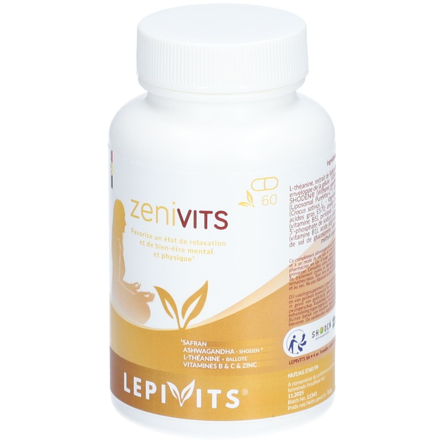 Flacon blanc de gélules. Inscriptions: zeniVits, Lepivits. Contient safran, ashwagandha, L-théanine, vitamines B & C & zinc. 60 gélules.