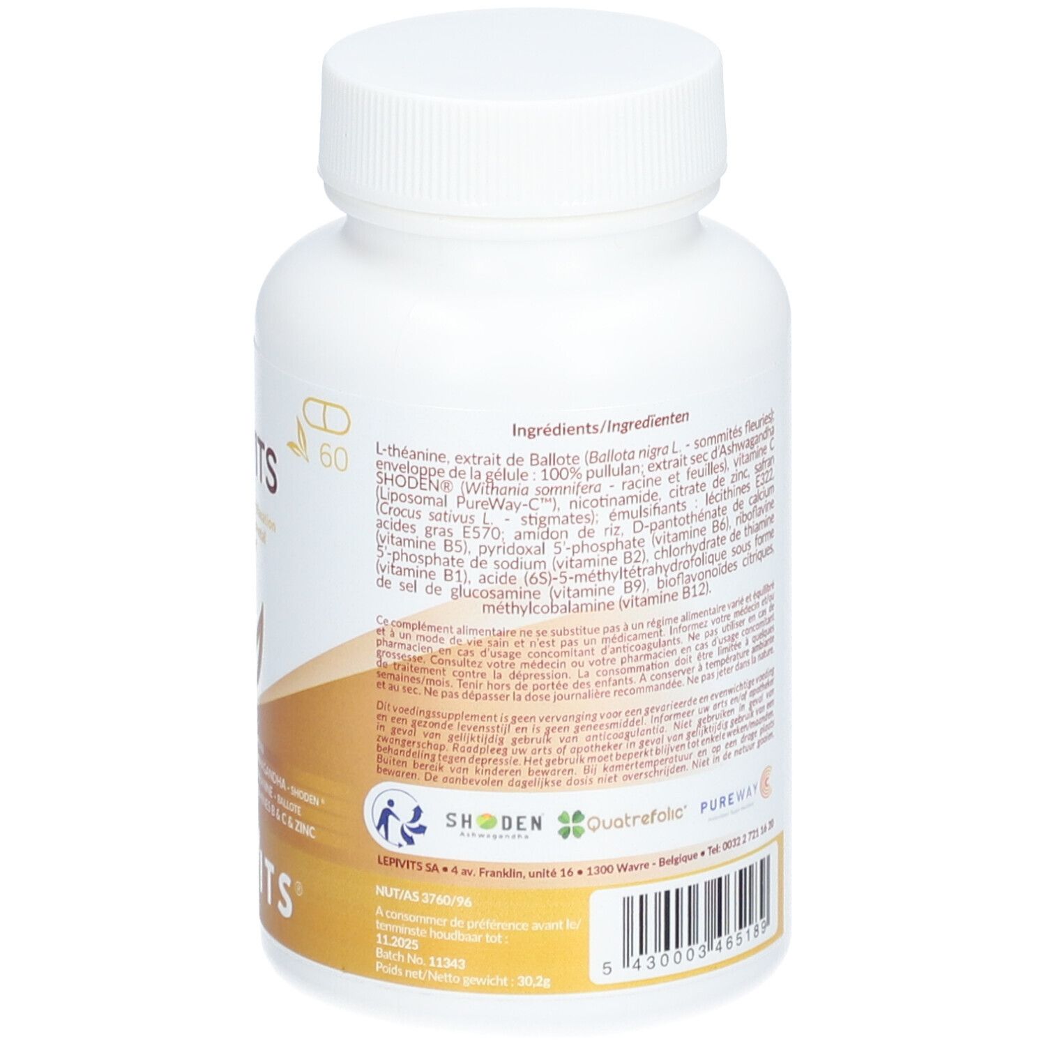 Dos de flacon blanc de gélules. Inscriptions: zeniVits, Lepivits. Liste des ingrédients et informations nutritionnelles. 60 gélules. Avec logo.