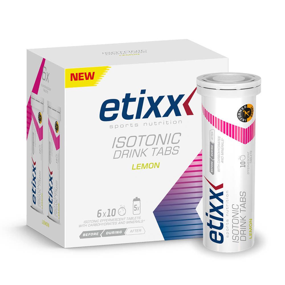 Etixx Isotonic Drink Tabs Zitrone. Doos met 6x10 bruistabletten en een tube.