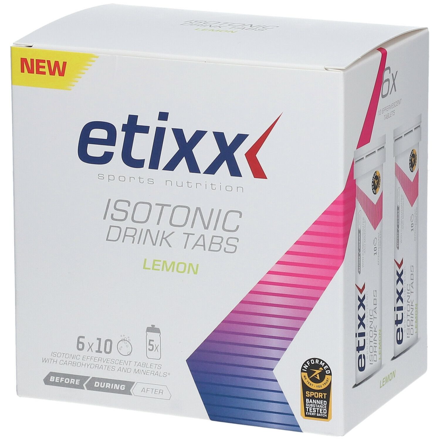 Etixx Isotonic Drink Tabs Zitrone. Doos met 6x10 bruistabletten. Opschrift: 'NEW'.