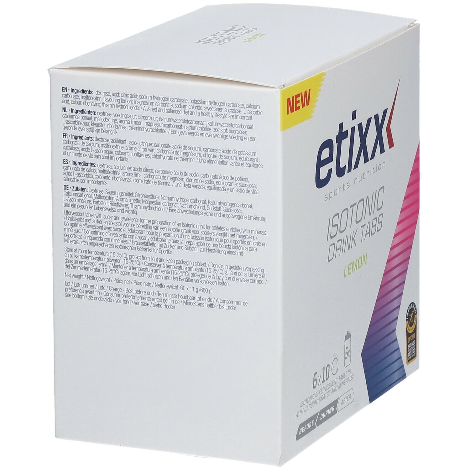 Achterkant van de Etixx Isotonic Drink Tabs Zitrone verpakking. Meertalige tekst. Ingrediënten.