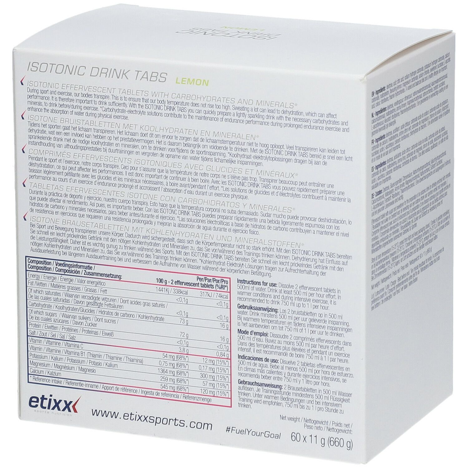 Achterkant van de Etixx Isotonic Drink Tabs Zitrone verpakking. Meertalige tekst. Voedingstabel.