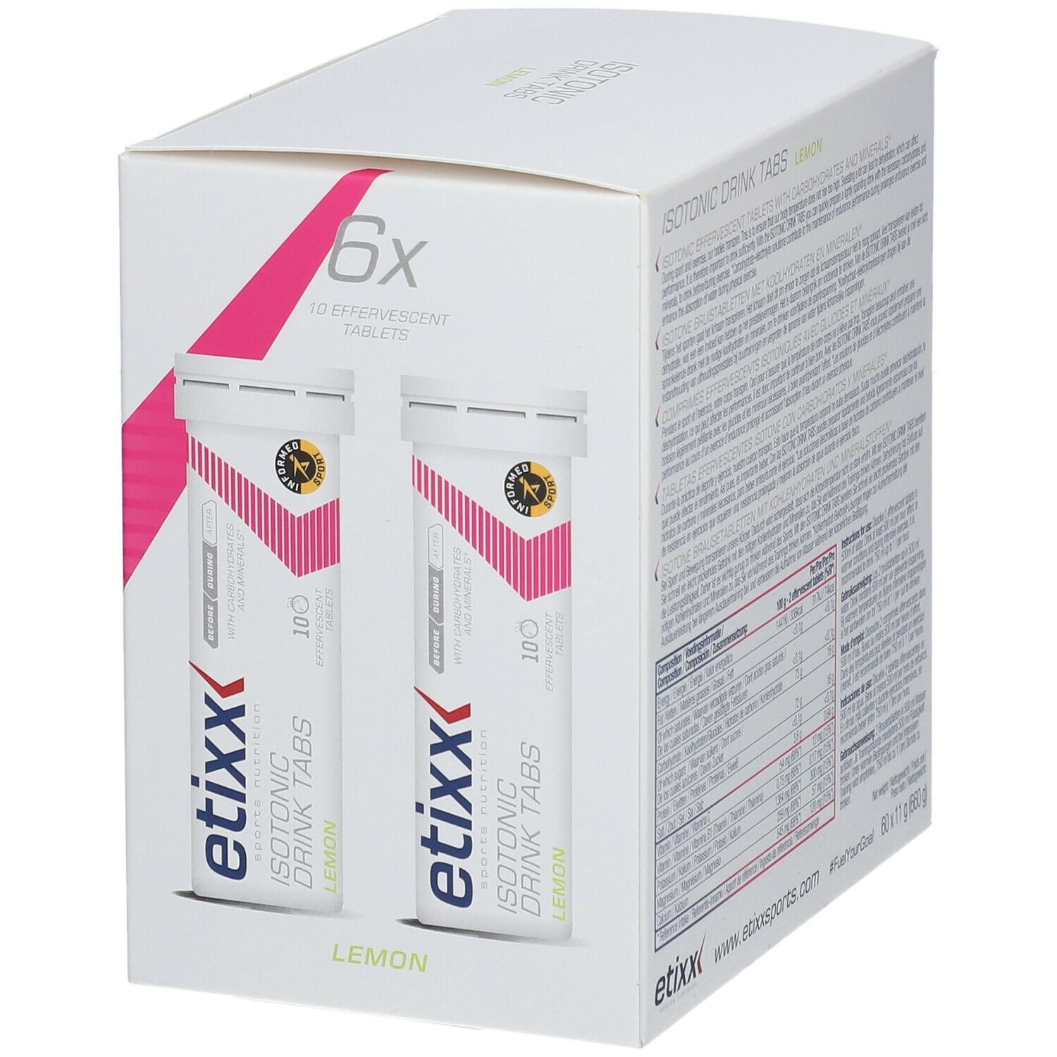 Etixx Isotonic Drink Tabs Zitrone. Doos met 6x10 bruistabletten. Twee tubes zichtbaar.