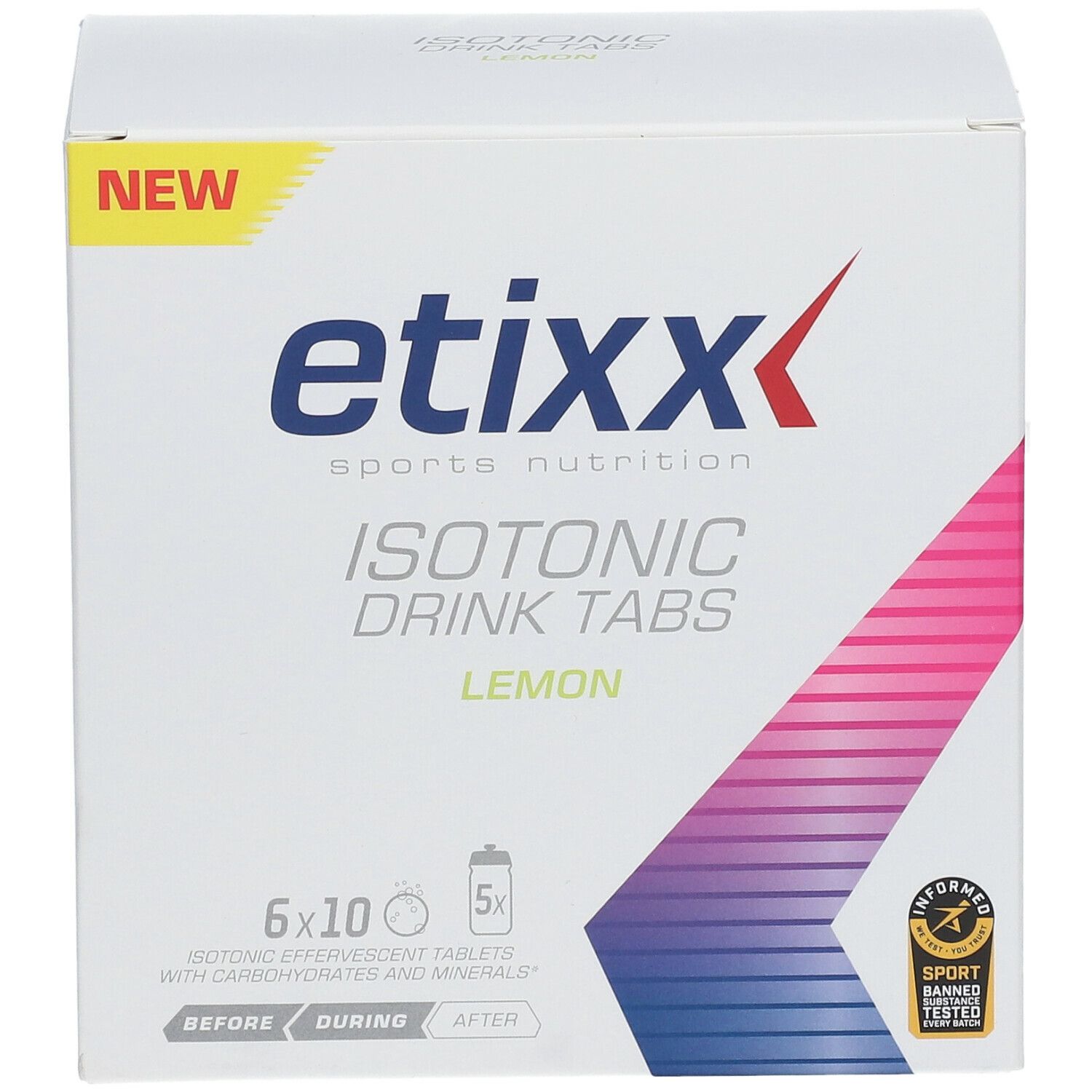 Etixx Isotonic Drink Tabs Zitrone. Doos met 6x10 bruistabletten. Opschrift: 'NEW'.