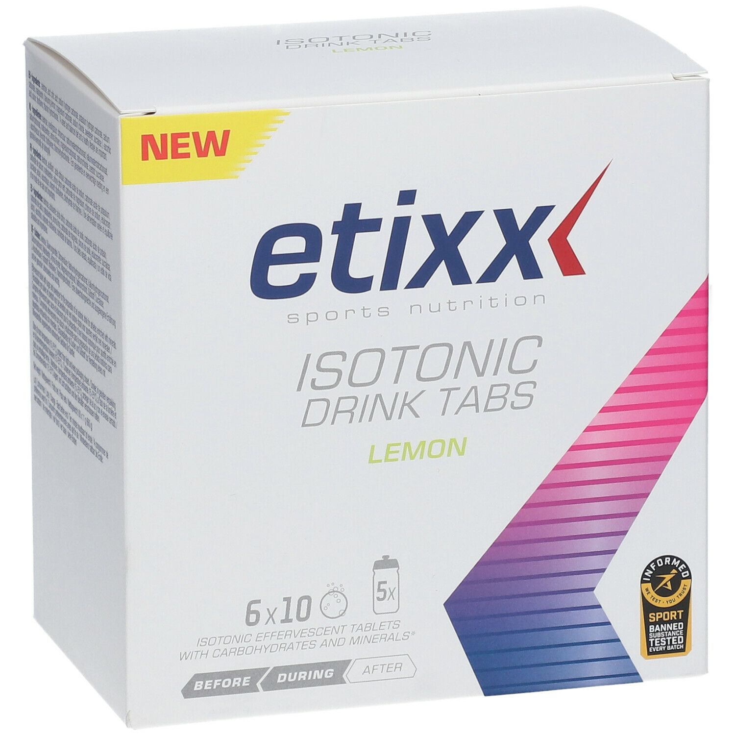 Etixx Isotonic Drink Tabs Zitrone. Doos met 6x10 bruistabletten. Opschrift: 'NEW'.