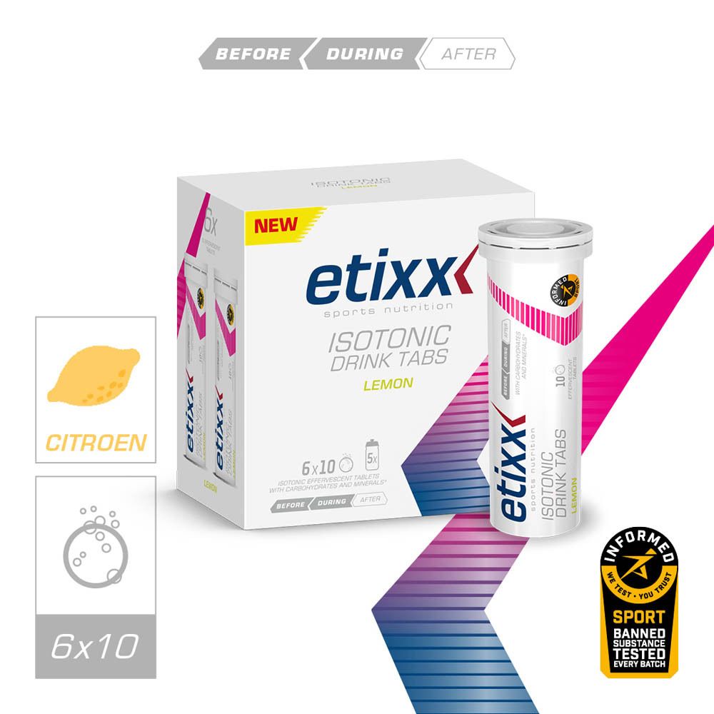 Etixx Isotonic Drink Tabs Zitrone. Tube met 10 bruistabletten. Tekst en illustraties.