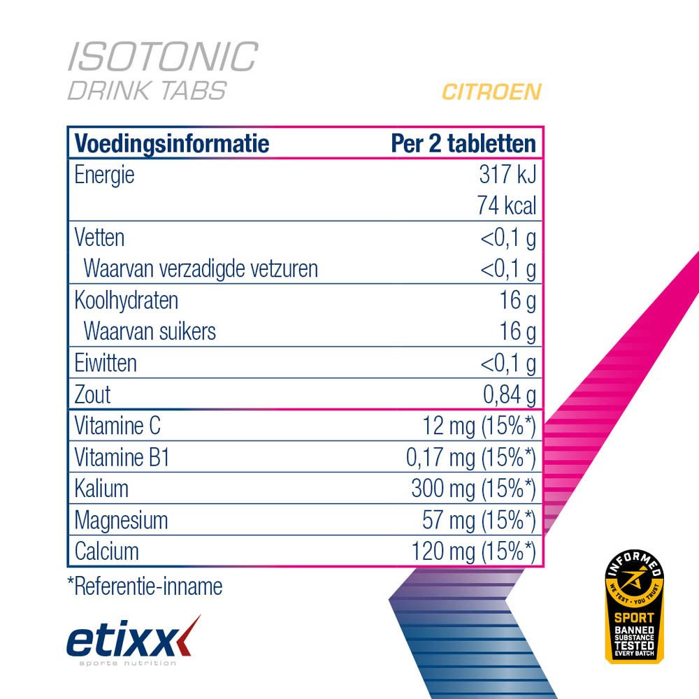 Voedingstabel voor Etixx Isotonic Drink Tabs Zitrone. Informatie per 2 tabletten.