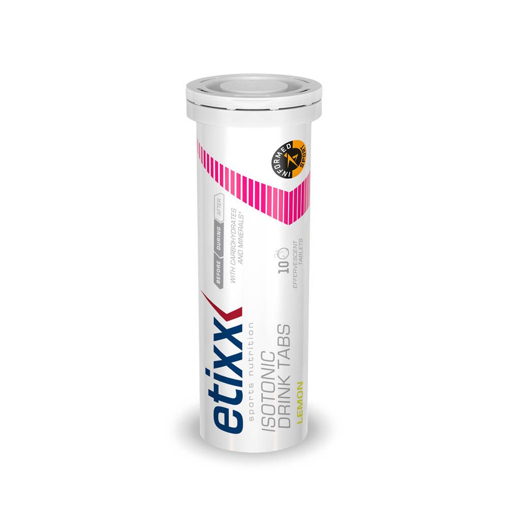 Witte cilindrische fles met Etixx-logo en roze strepen. Bevat 10 bruistabletten. Opschrift: Isotonic Drink Tabs Lemon.
