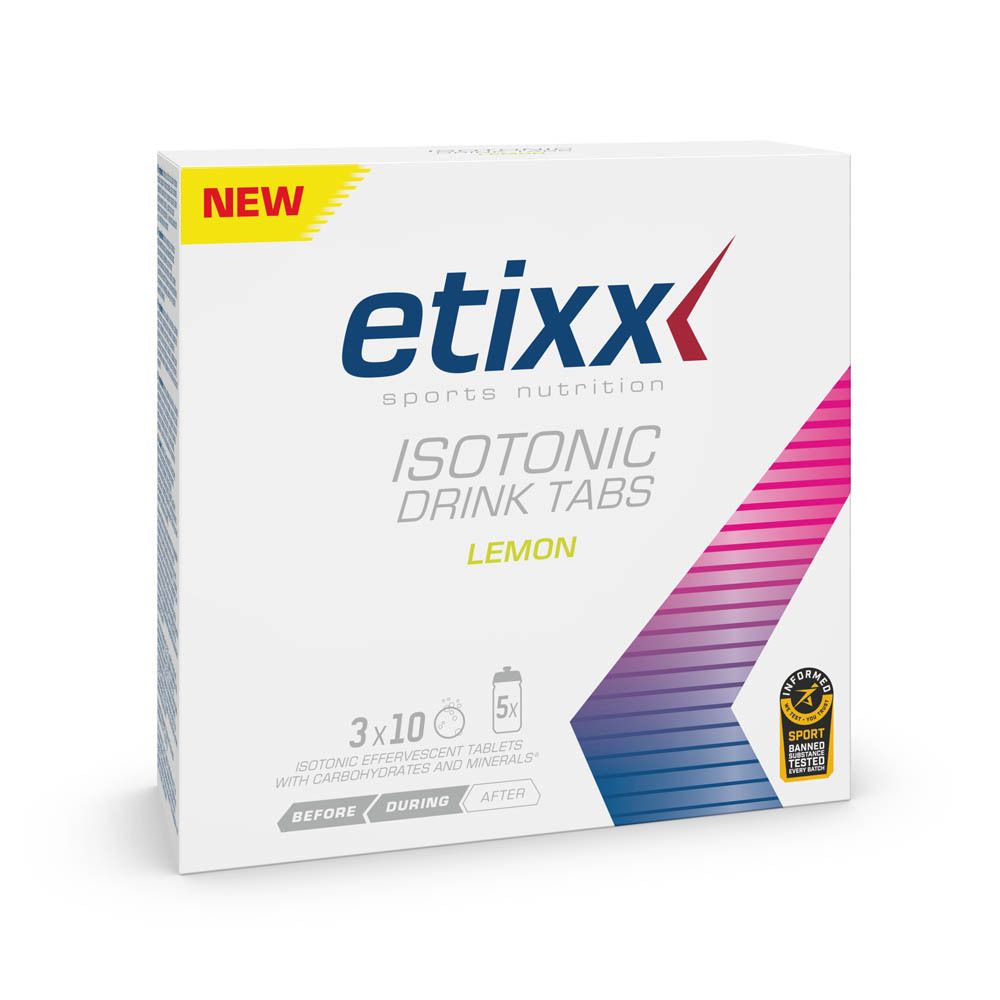 Witte doos met Etixx-logo, roze strepen en opschrift: Isotonic Drink Tabs Lemon. Bevat 3x10 tabletten. Met 'NEW' label.
