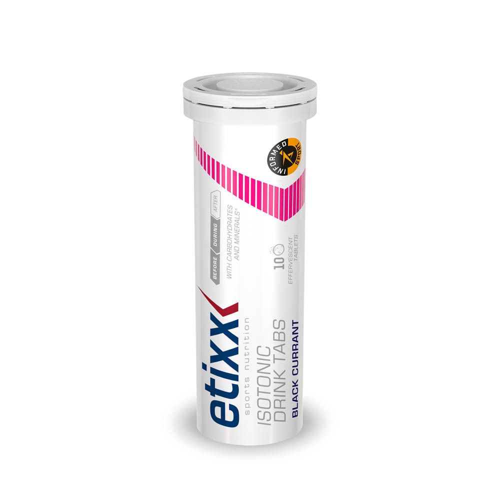 Zylindrische weiße Flasche mit Etixx-Logo und pinkfarbenem Design. Enthält 10 Brausetabletten. Aufschrift: Isotonic Drink Tabs Black Currant.