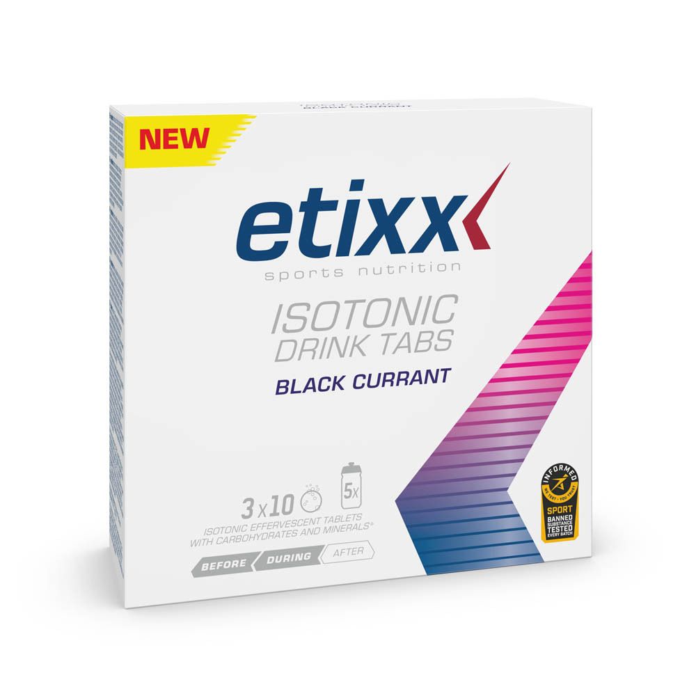 Weiße Verpackung mit Etixx-Logo, pinkfarbenem Design und Aufschrift: Isotonic Drink Tabs Black Currant. Enthält 3x10 Tabletten.