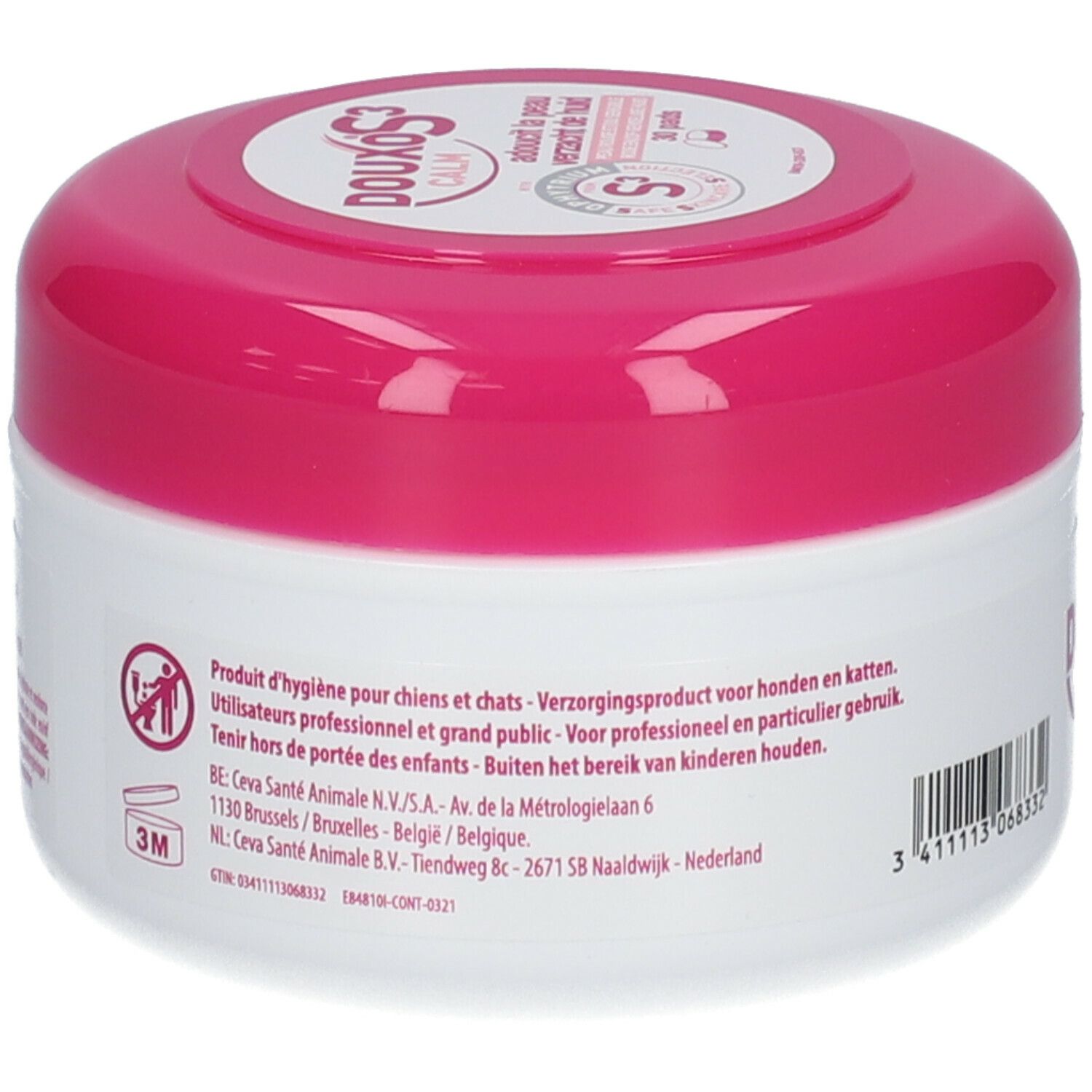 Runde Dose, weiß mit rosa Deckel. Text auf der Rückseite: Produkt für Hunde und Katzen. Adresse und Warnhinweise.