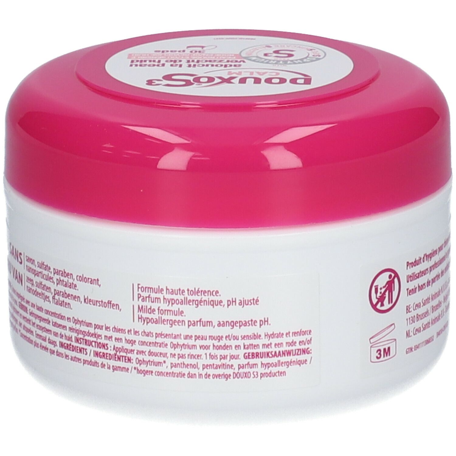 Runde Dose, weiß mit rosa Deckel. Text auf der Rückseite: Inhaltsstoffe, Anwendungshinweise, pH-Wert.