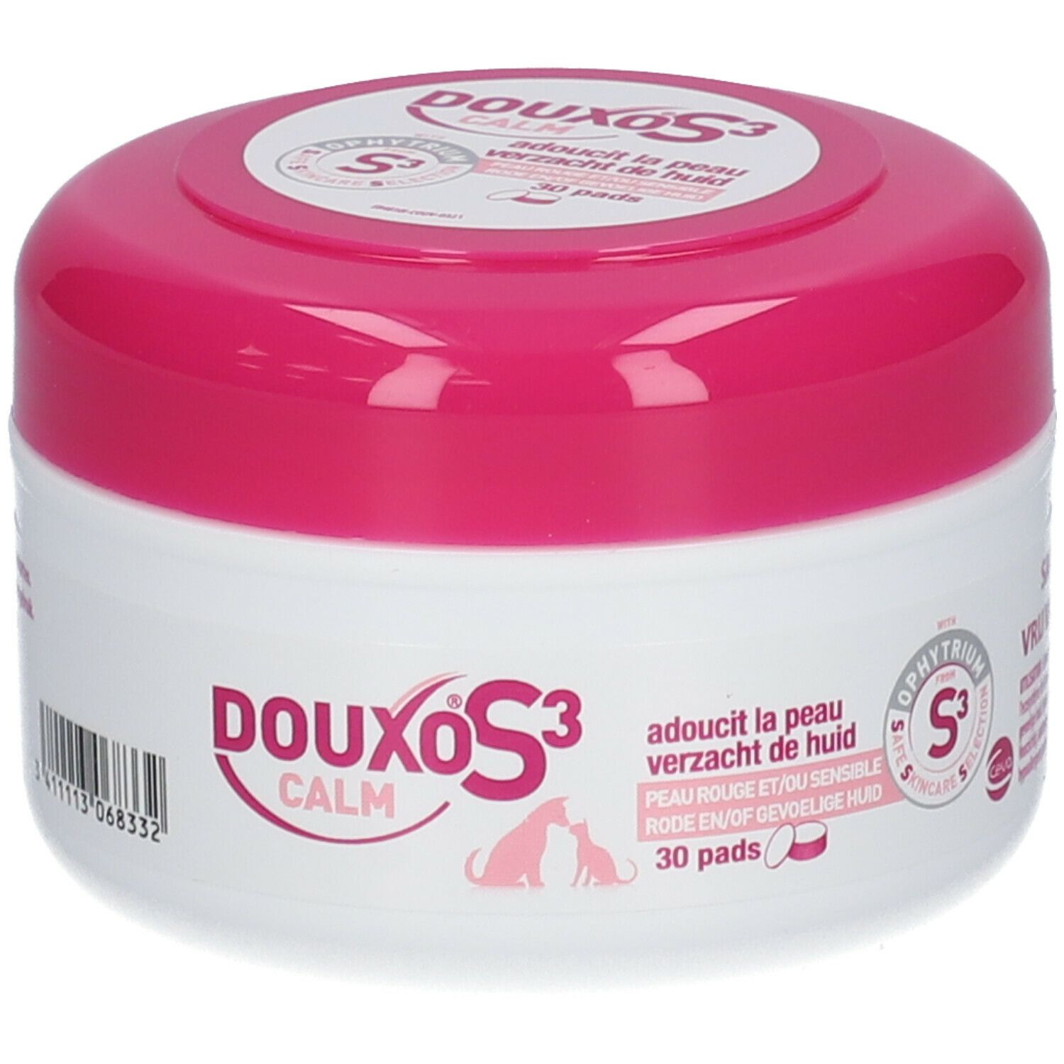 Runde Dose, weiß mit rosa Deckel. Aufschrift DOUXO S3 CALM. Enthält 30 Pads. Logo und Text.