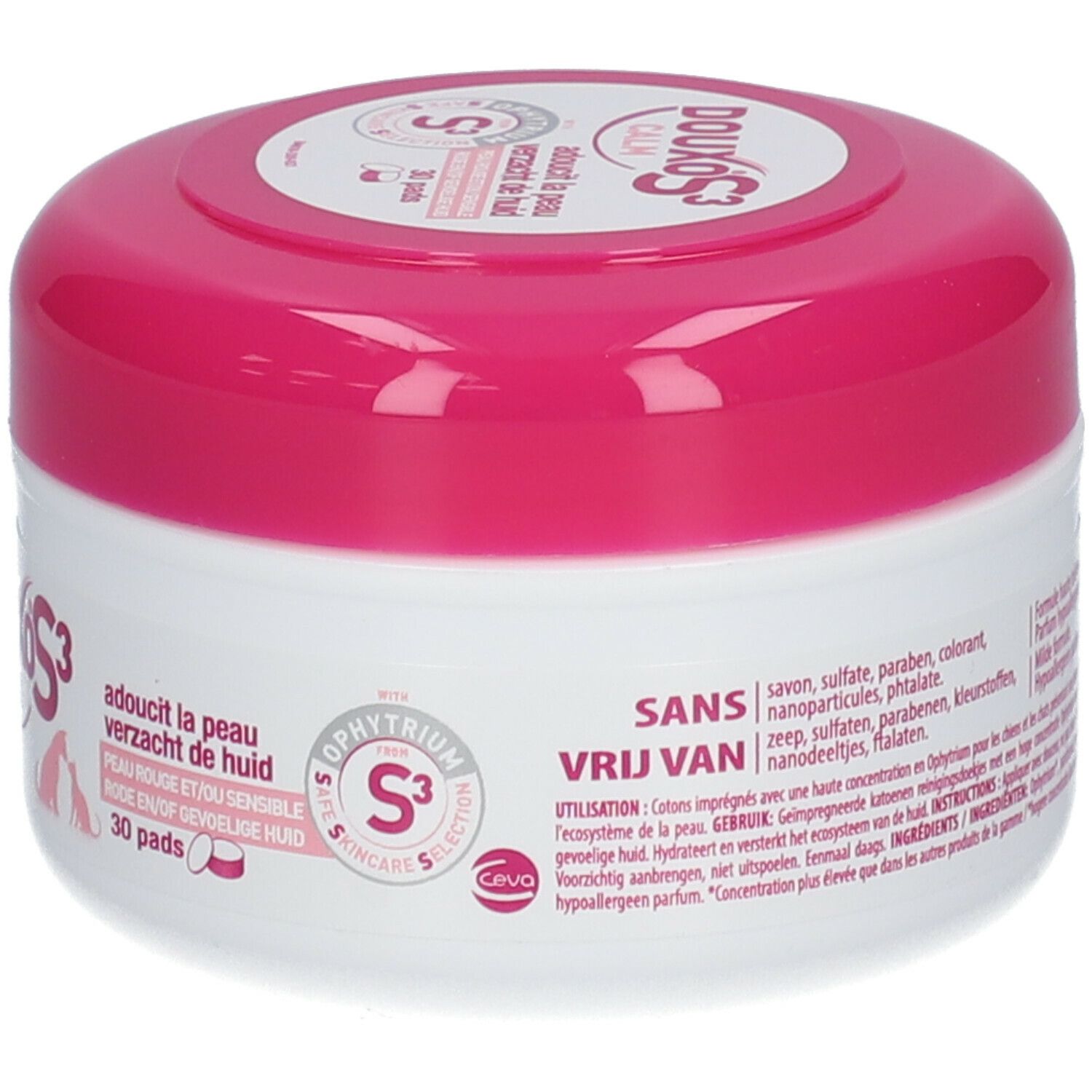 Runde Dose, weiß mit rosa Deckel. Aufschrift DOUXO S3 CALM. Enthält 30 Pads. Text: Frei von...