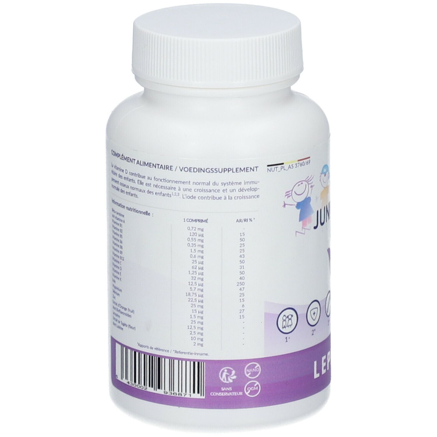 Witte fles LEPIVITS® JUNIOR VITS. Voedingssupplement. Bevat vitaminen en mineralen. Barcode zichtbaar.