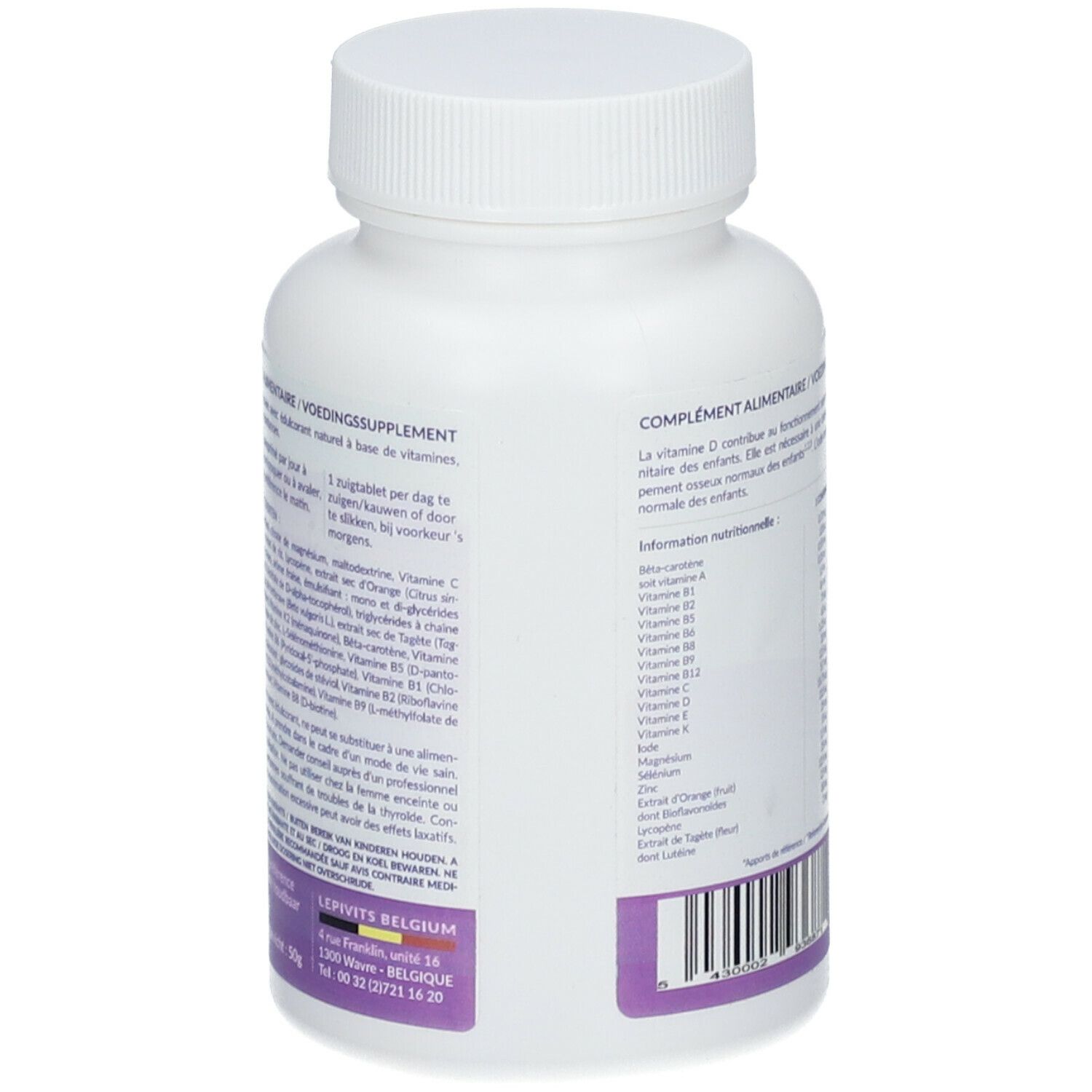 Witte fles LEPIVITS® JUNIOR VITS. Achterkant met meertalige tekst. Bevat vitamine D.