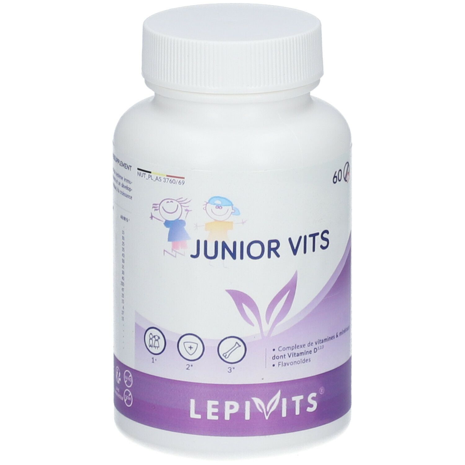 Witte fles LEPIVITS® JUNIOR VITS. Opschrift: 60 tabletten. Paars-wit etiket met illustraties en logo.