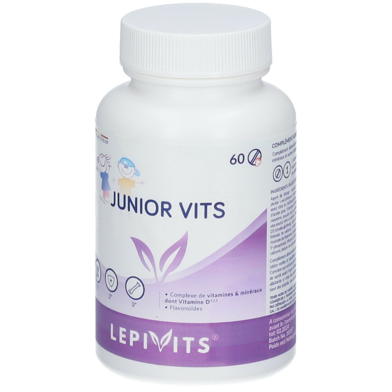 Witte fles LEPIVITS® JUNIOR VITS. Opschrift: 60 tabletten. Paars-wit etiket met productinformatie.