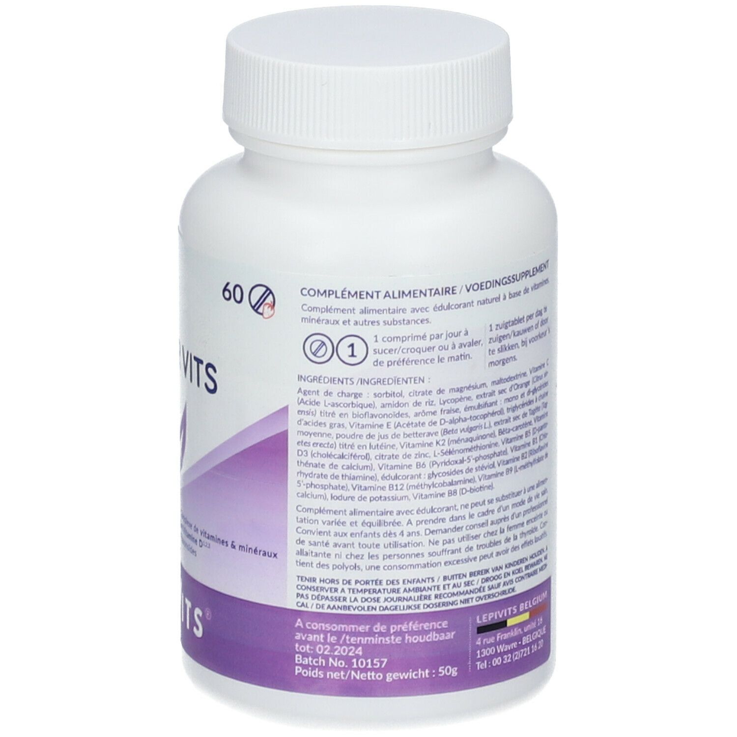 Witte fles LEPIVITS® JUNIOR VITS. Opschrift: 60 tabletten. Achterkant met ingrediënten en fabrikantinfo.