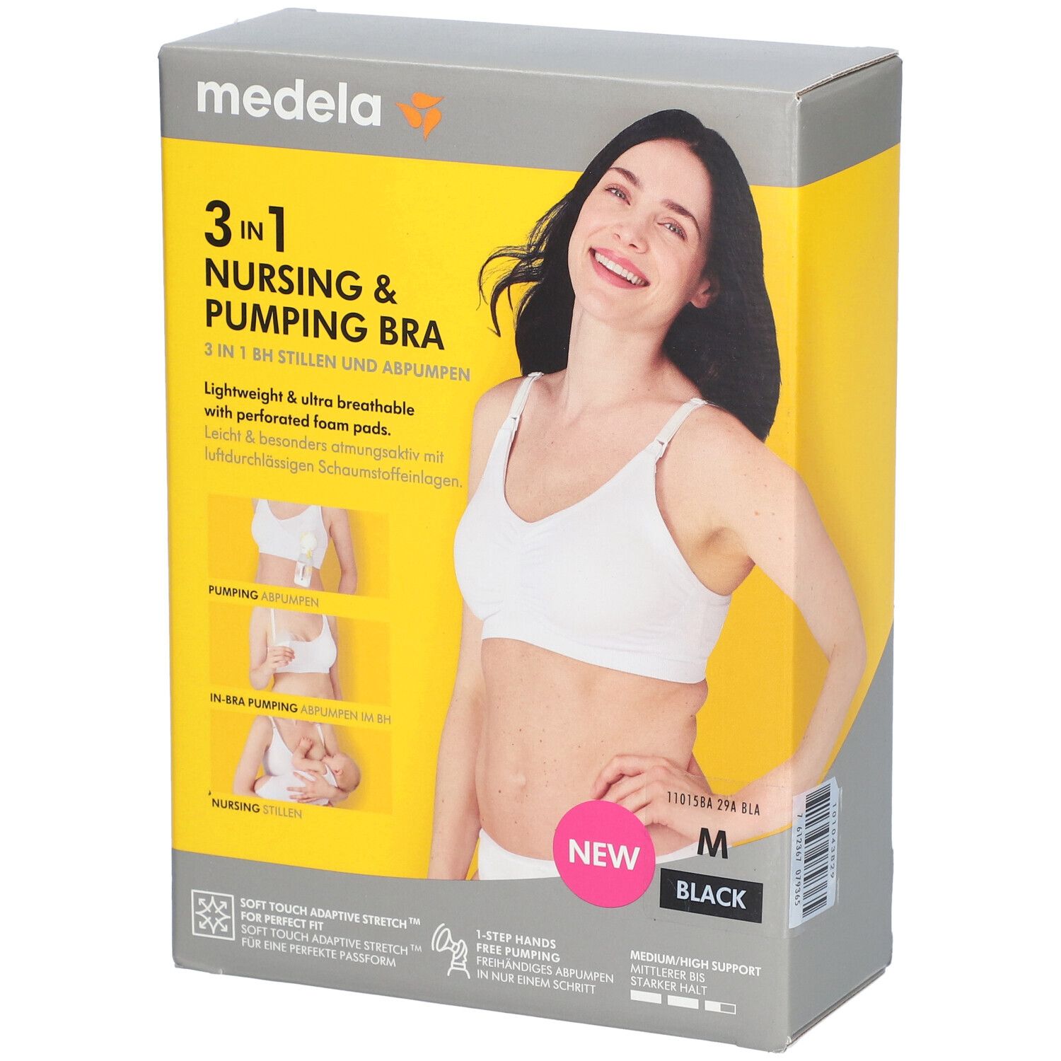 Medela 3-in-1 Still- und Pump-BH, Größe M, in Verpackung. Aufdruck: 3 in 1 Nursing & Pumping Bra. Frau trägt BH.