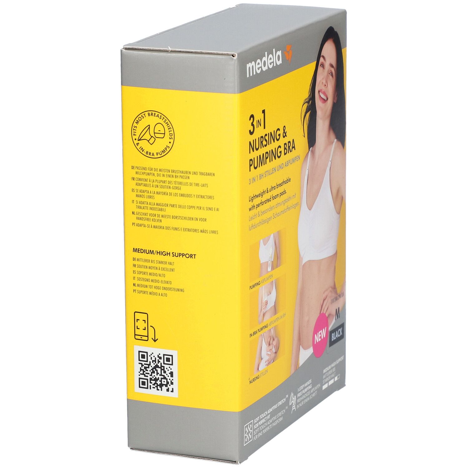 Verpackung des Medela 3-in-1 Still- und Pump-BH. Aufdruck: 3 in 1 Nursing & Pumping Bra. Gelbe und graue Farbgebung.