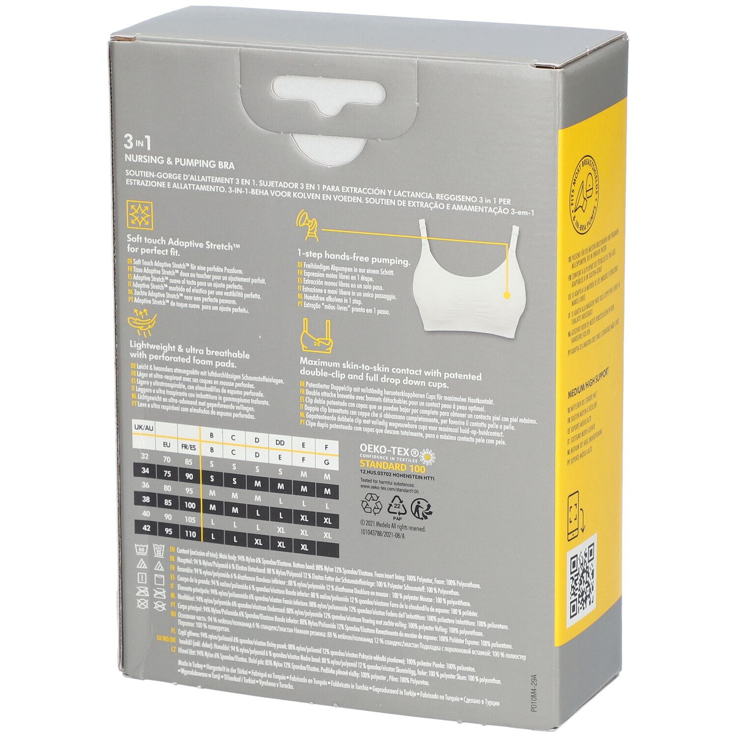 Rückseite der Verpackung des Medela 3-in-1 Still- und Pump-BH. Größenangaben, Produktinformationen und Logos.