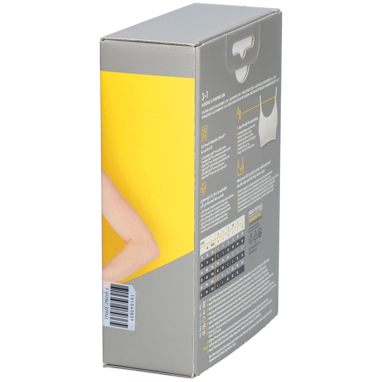 Seitenansicht der Verpackung des Medela 3-in-1 Still- und Pump-BH. Barcode und Produktinformationen.