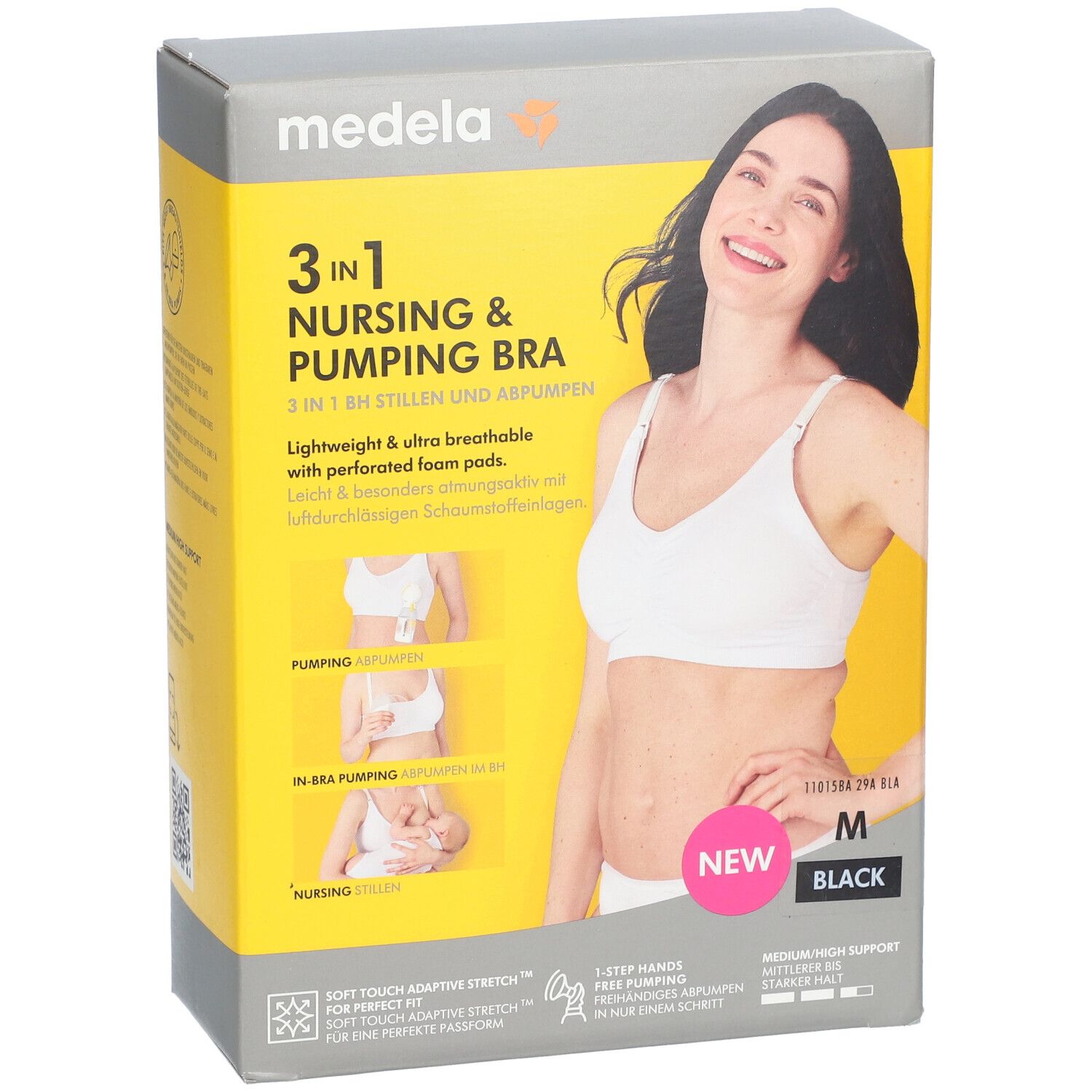 Medela 3-in-1 Still- und Pump-BH, Größe M, in Verpackung. Aufdruck: 3 in 1 Nursing & Pumping Bra. Frau trägt BH.