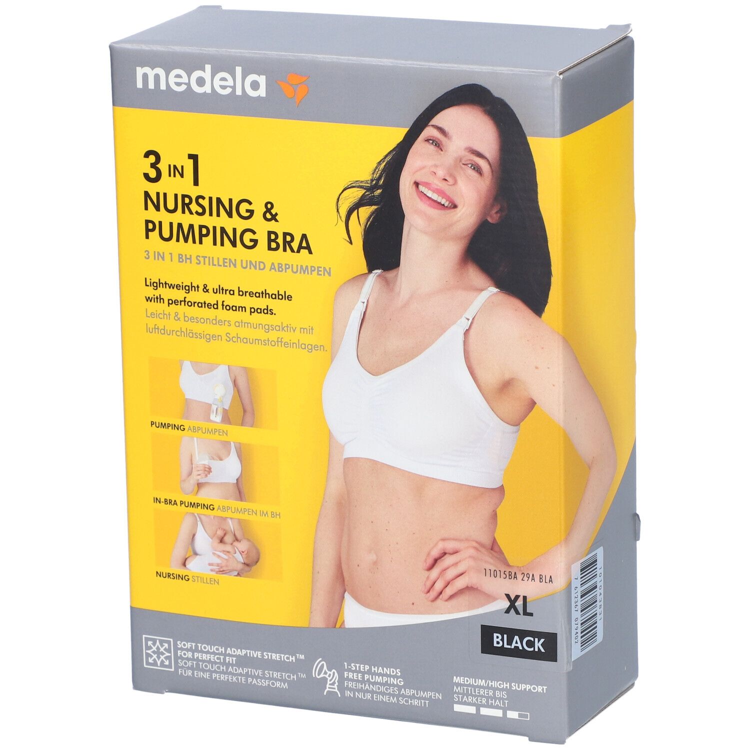 Boîte du soutien-gorge d'allaitement et de pompage Medela 3-en-1. XL, noir. Femme portant le soutien-gorge. Illustrations : pompage, pompage dans le soutien-gorge, allaitement.