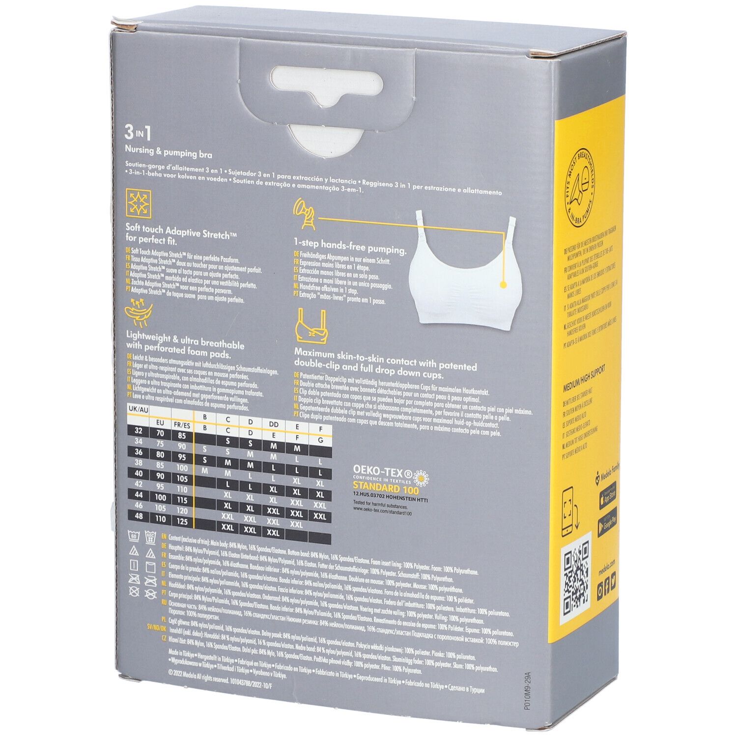Dos de la boîte du soutien-gorge d'allaitement et de pompage Medela 3-en-1. Contient les caractéristiques du produit, un tableau des tailles et une certification.