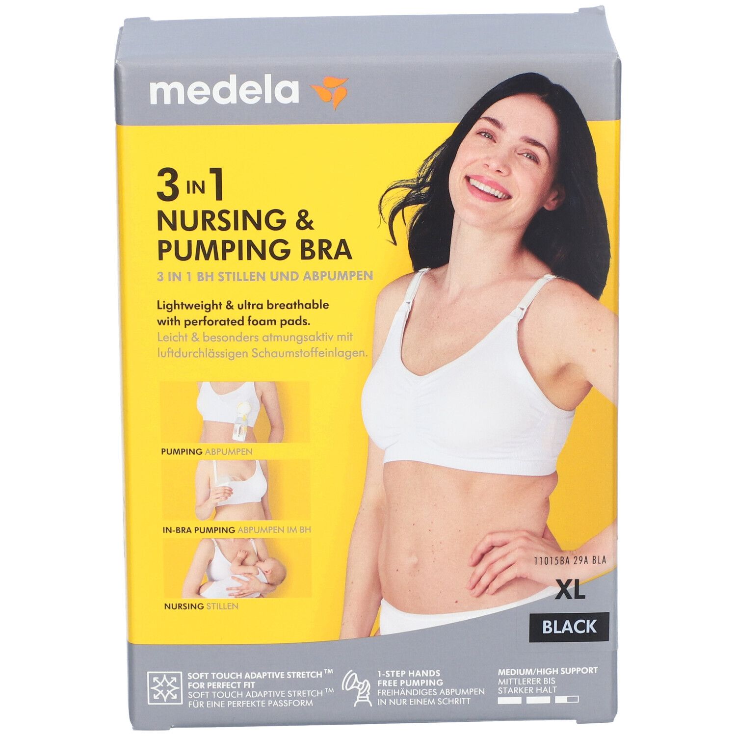 Vue de face de la boîte du soutien-gorge d'allaitement et de pompage Medela 3-en-1. XL, noir. Femme portant le soutien-gorge. Illustrations : pompage, pompage dans le soutien-gorge, allaitement.