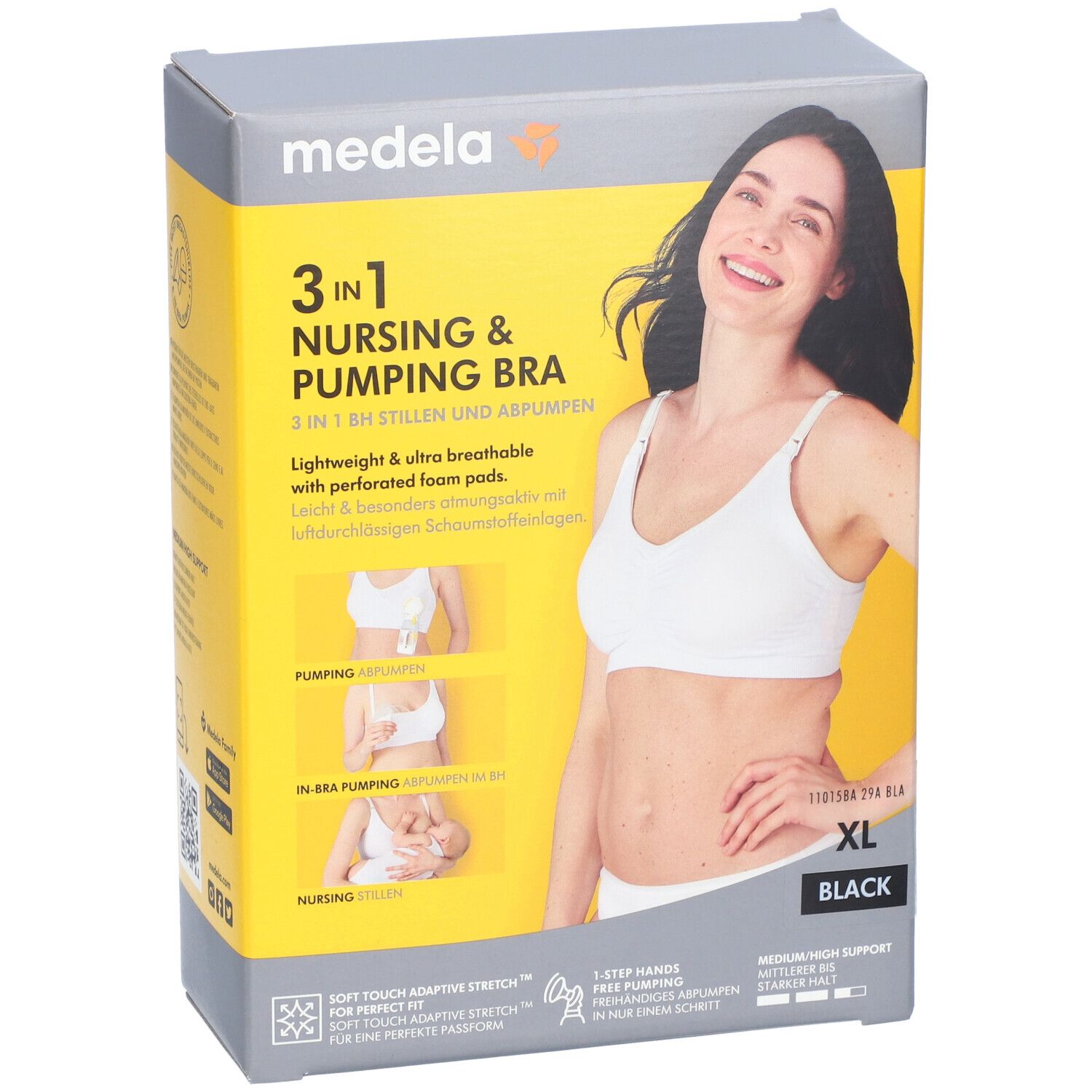 Vue de face de la boîte du soutien-gorge d'allaitement et de pompage Medela 3-en-1. XL, noir. Femme portant le soutien-gorge. Illustrations : pompage, pompage dans le soutien-gorge, allaitement.