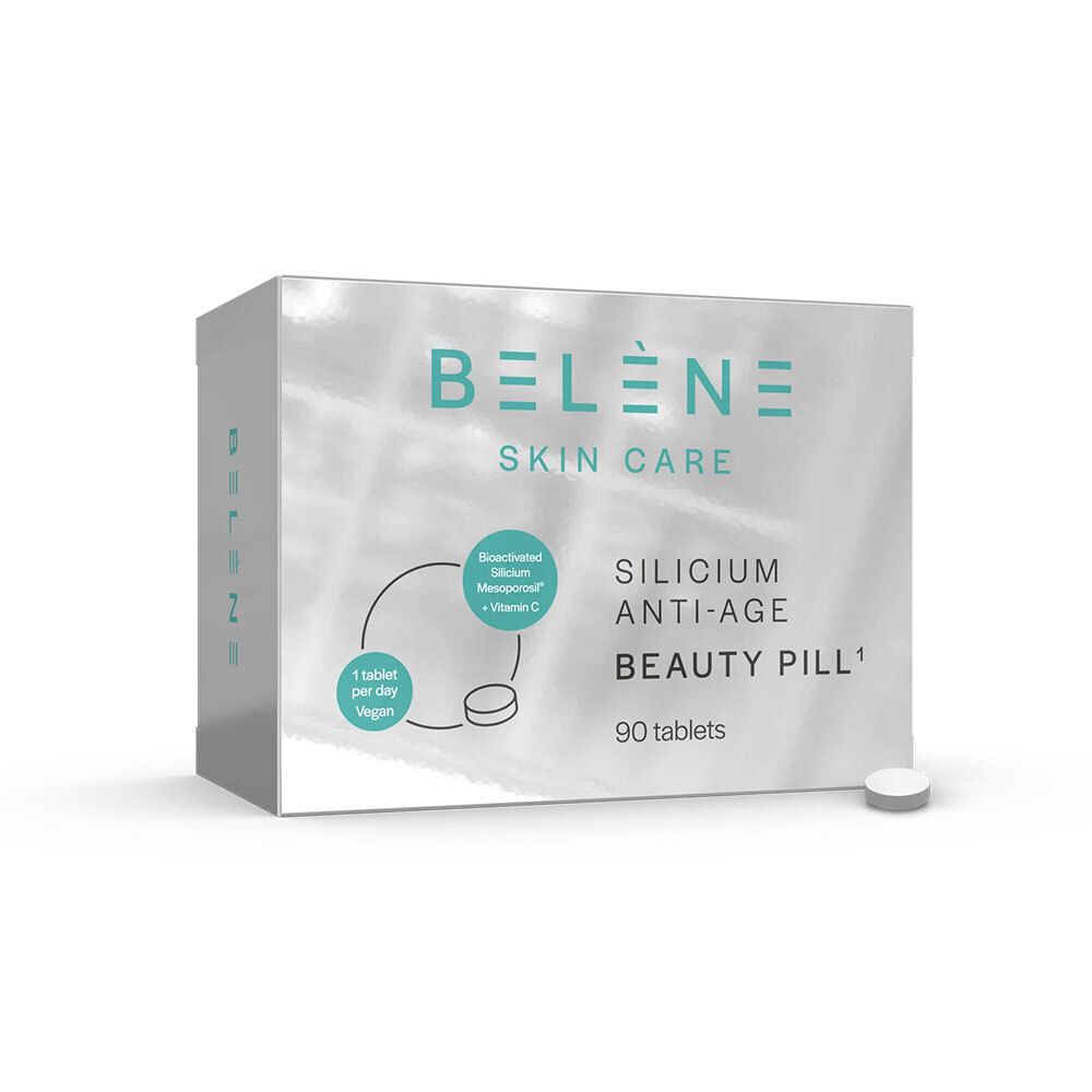 Zilveren doos BELÈNE Skin Care. Opschrift: Silicium Anti-Age Beauty Pill, 90 tabletten. Vegan. Eén tablet ernaast.
