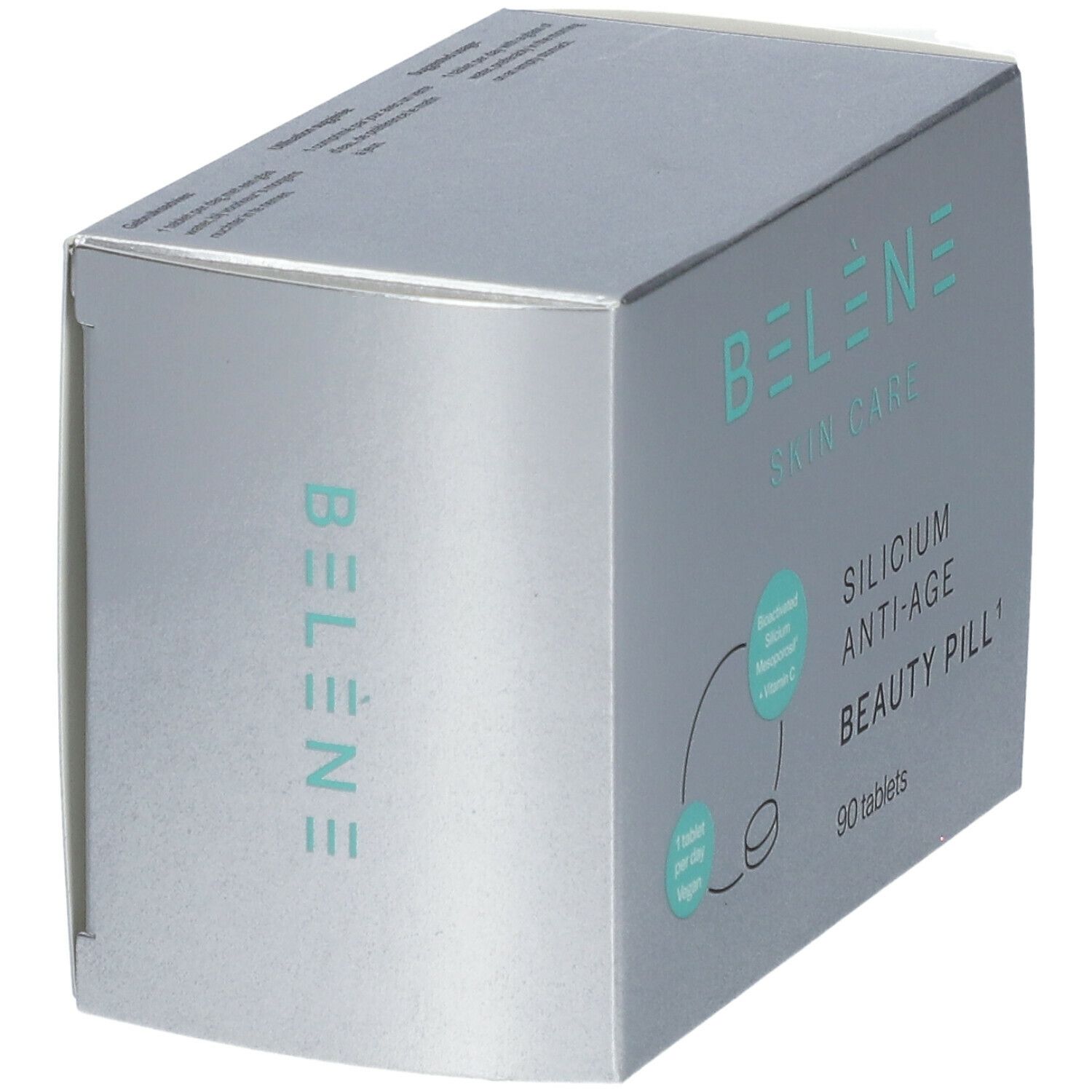 Zilveren doos BELÈNE Skin Care. Opschrift: Silicium Anti-Age Beauty Pill, 90 tabletten. Vegan.