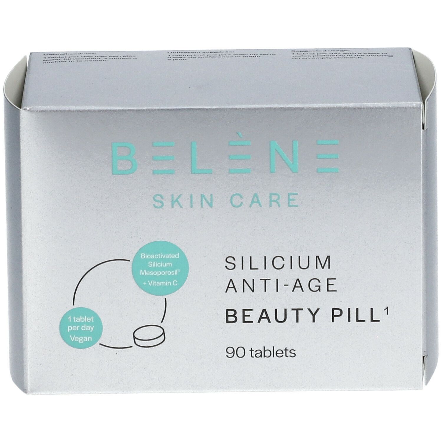 Zilveren doos BELÈNE Skin Care. Opschrift: Silicium Anti-Age Beauty Pill, 90 tabletten. Vegan.