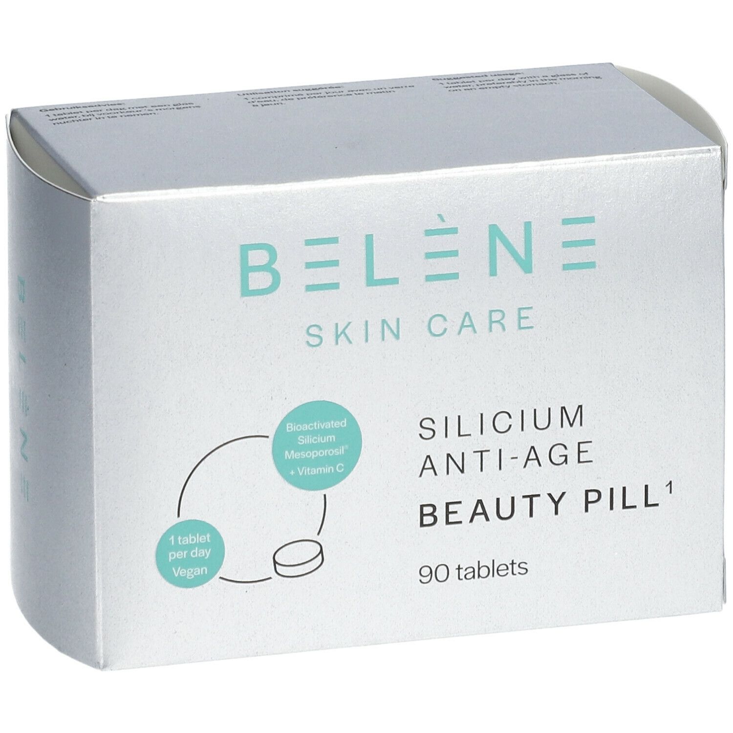 Zilveren doos BELÈNE Skin Care. Opschrift: Silicium Anti-Age Beauty Pill, 90 tabletten. Vegan.