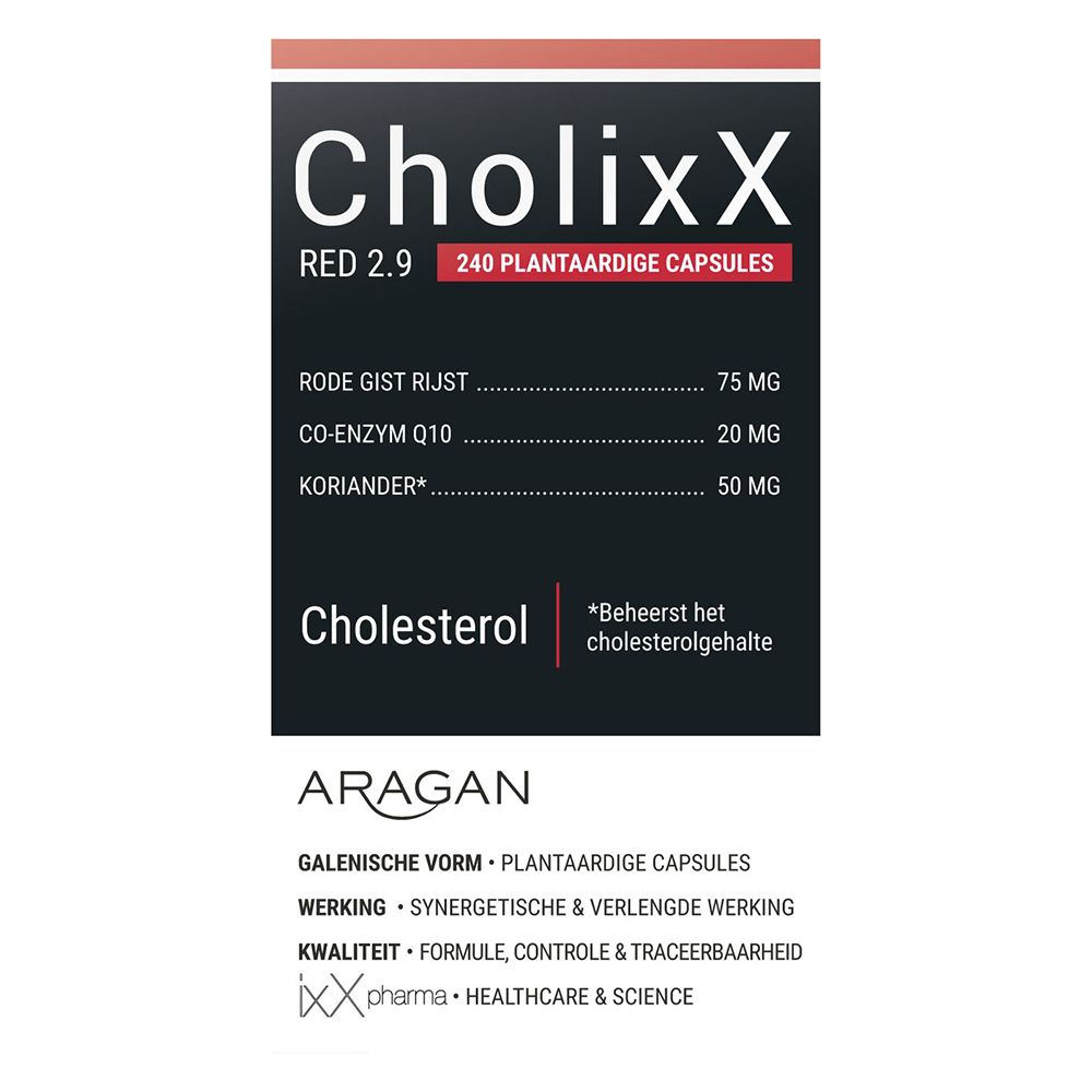 Productverpakking. Opschrift: CholixX Red 2.9, 240 plantaardige capsules. Ingrediënten: Rode Gist Rijst, Co-Enzym Q10, Koriander.