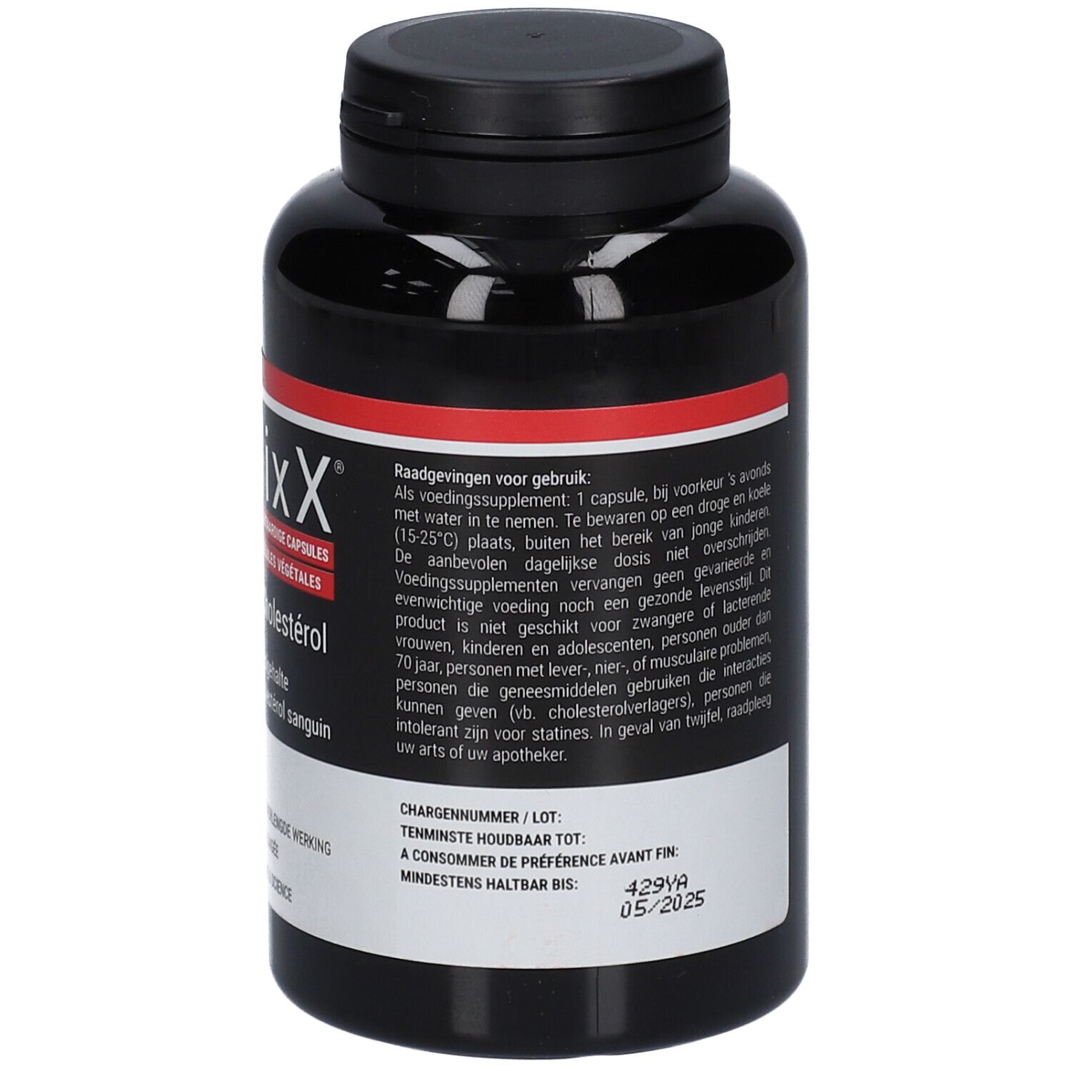 Zwarte fles met rood etiket. Tekst: CholixX Red 2.9, 240 plantaardige capsules. Cholesterol / Cholestérol. Ten minste houdbaar tot 05/2025.