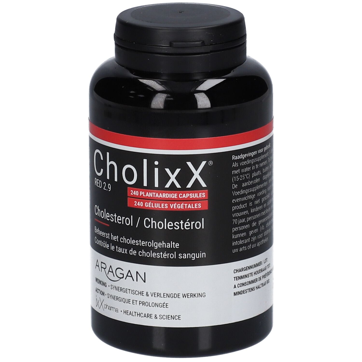 Zwarte fles met rood etiket. Opschrift: CholixX Red 2.9, 240 plantaardige capsules. Tekst: Cholesterol / Cholestérol.