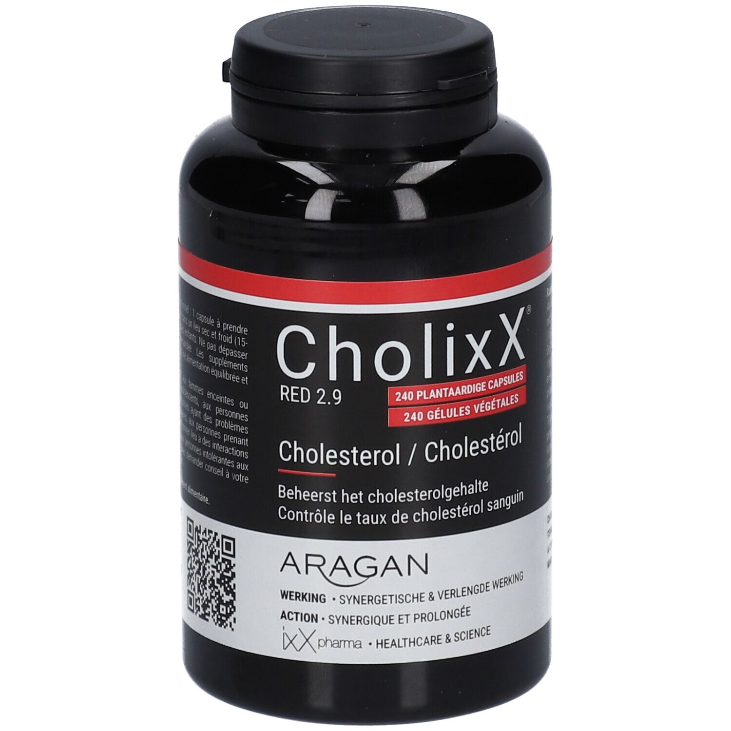 Zwarte fles met rood etiket. Opschrift: CholixX Red 2.9, 240 plantaardige capsules. Tekst: Cholesterol / Cholestérol.
