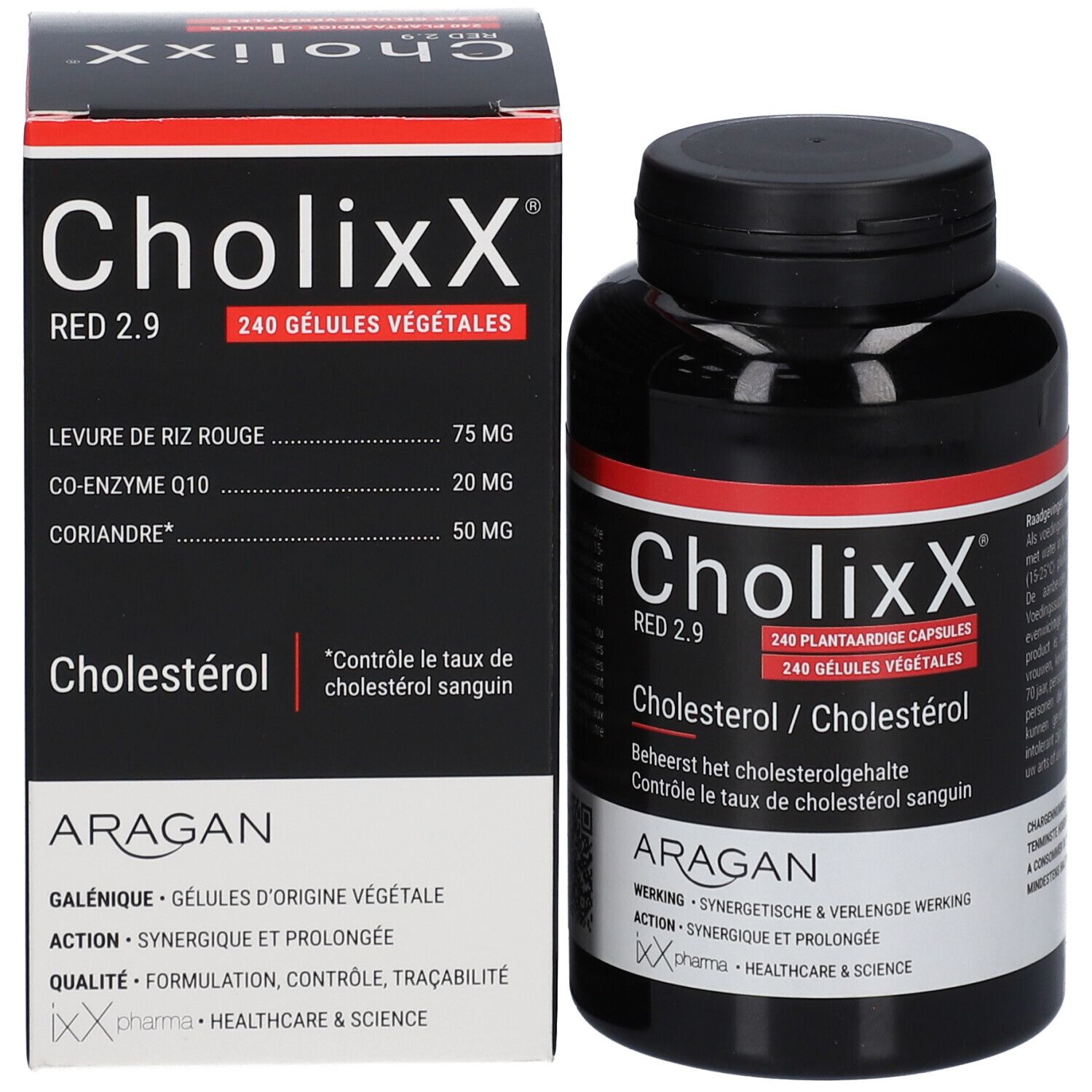 Verpakking en fles. Verpakking: CholixX Red 2.9, 240 plantaardige capsules. Fles: CholixX Red 2.9, 240 capsules.
