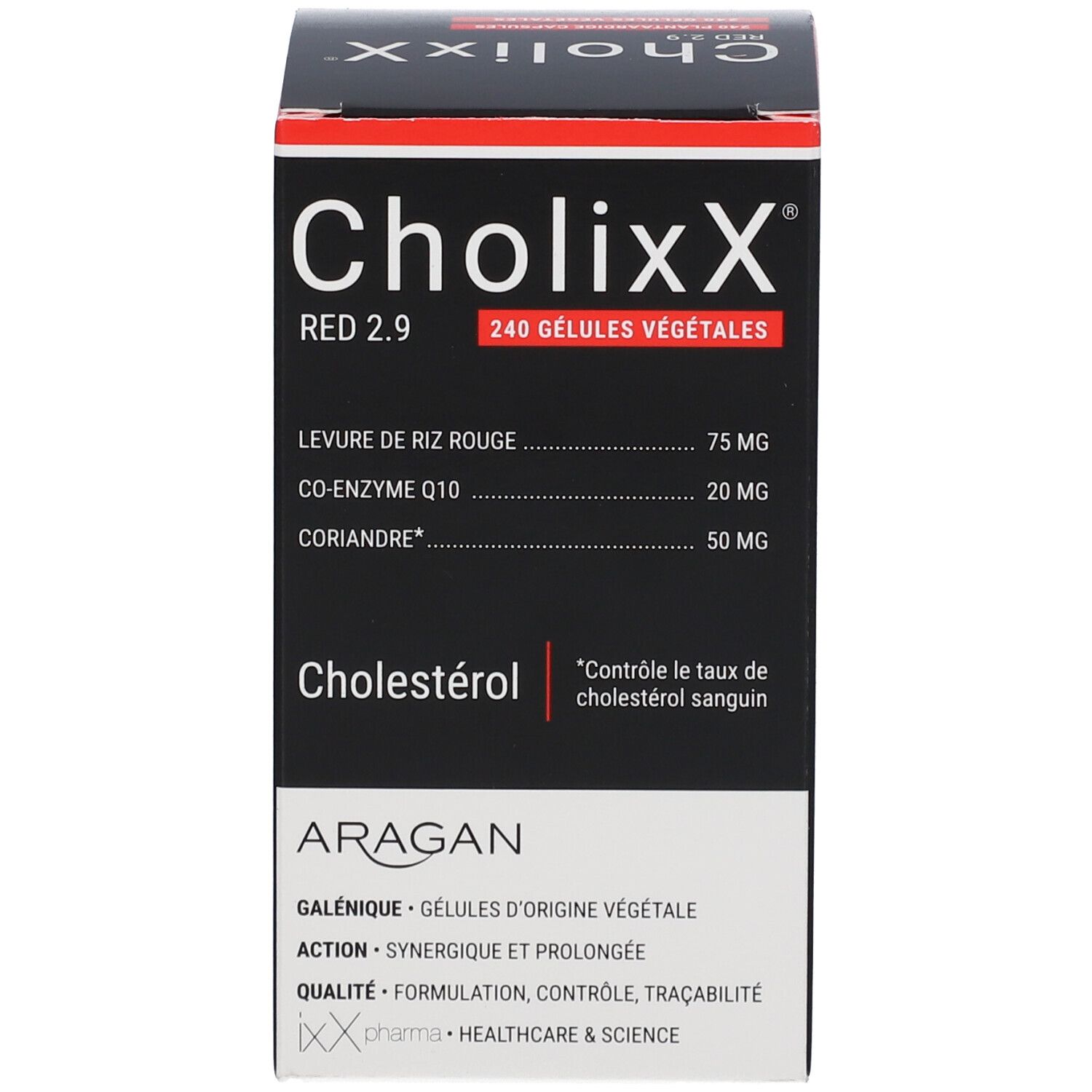 Productverpakking. Opschrift: CholixX Red 2.9, 240 plantaardige capsules. Ingrediënten: Levure de Riz Rouge, Co-Enzyme Q10, Coriandre.