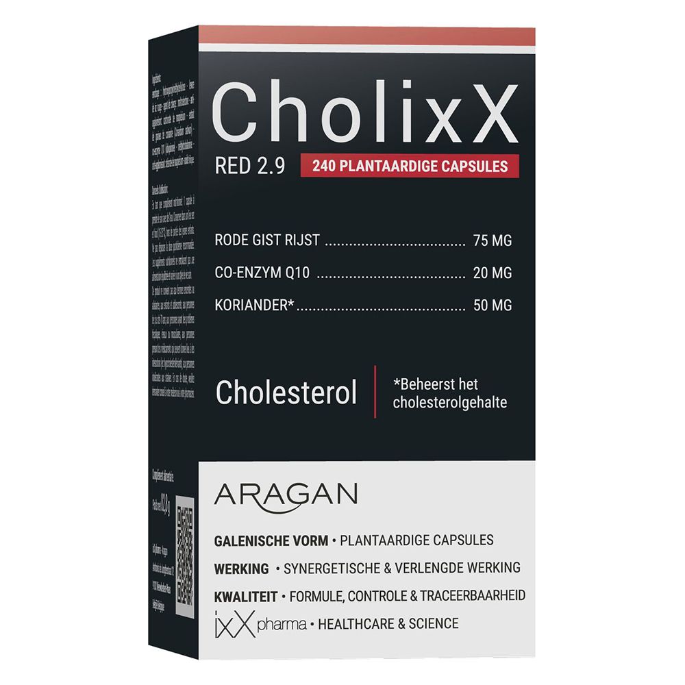 Productverpakking. Opschrift: CholixX Red 2.9, 240 plantaardige capsules. Ingrediënten: Rode Gist Rijst, Co-Enzym Q10, Koriander.