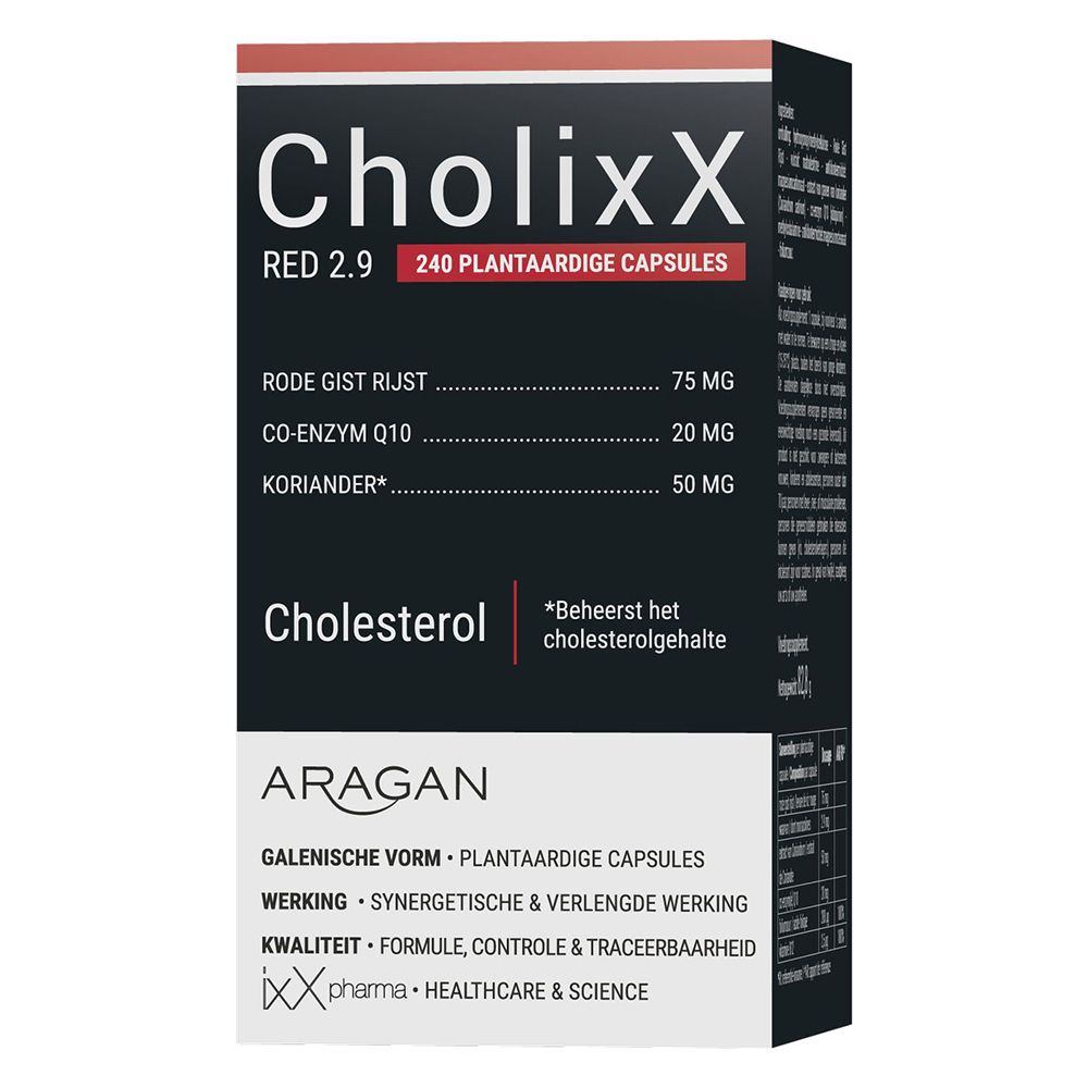 Productverpakking. Opschrift: CholixX Red 2.9, 240 plantaardige capsules. Ingrediënten: Rode Gist Rijst, Co-Enzym Q10, Koriander.